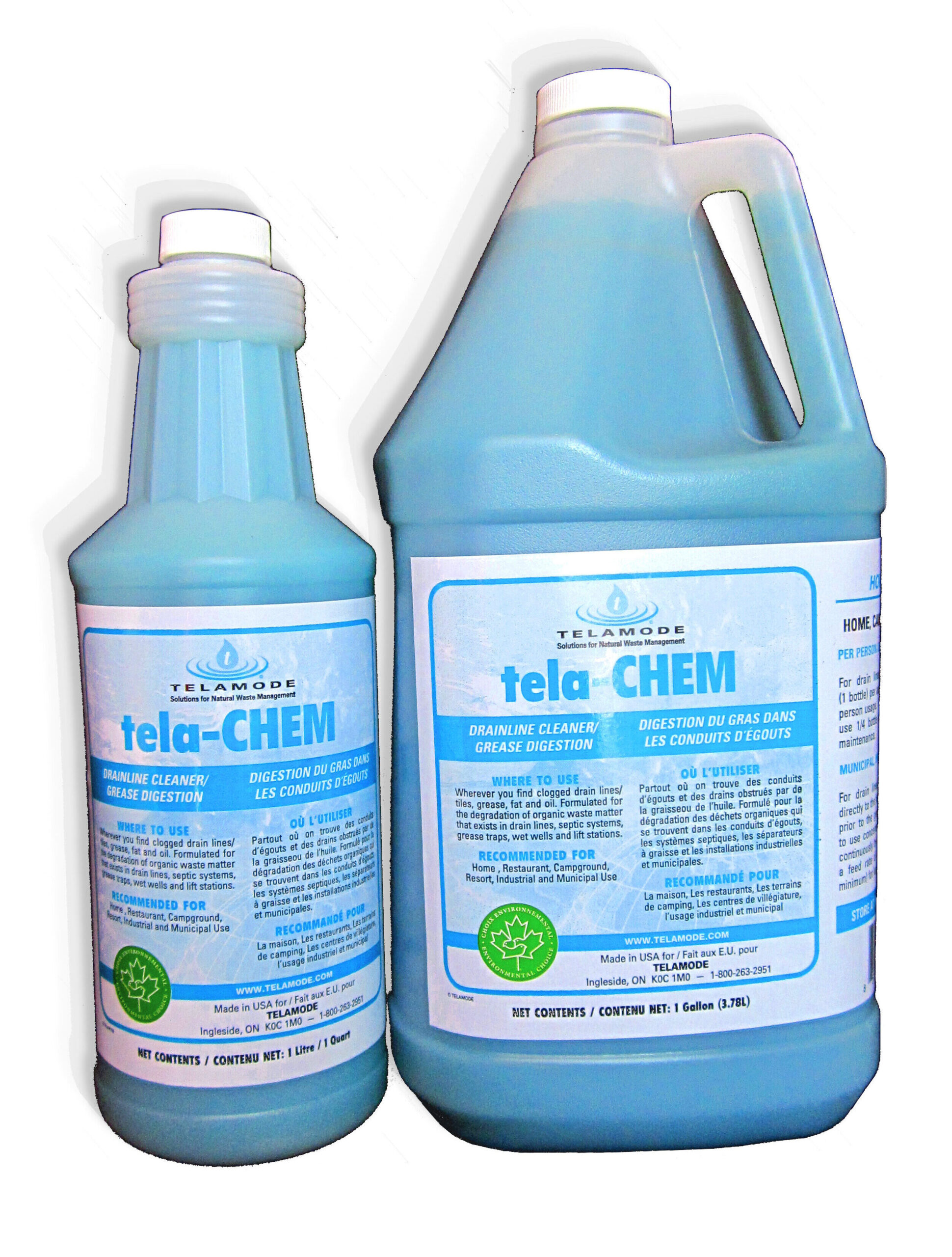 contenant de 4 litres de Tela-Chem, un dégraisseur de conduites pour champ d'épuration, un produit de Telamode